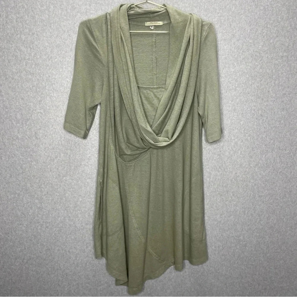 Prairie Underground Cowl Neck Hemp Blend 3/4 Sleeve Asymmetrical Tunic Dress - Picture 1 of 6